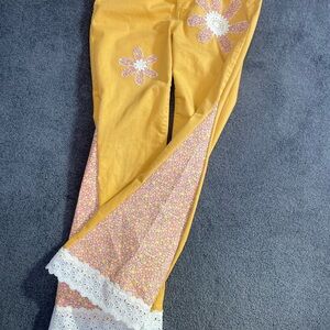 Yellow Floral Embellished Pants with Lace Trim